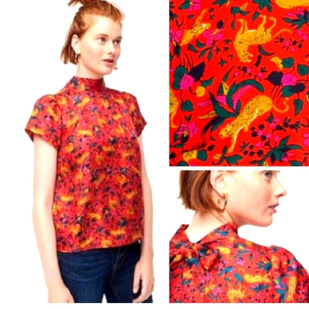 J. Crew Jungle Cat Floral Print Silk Blouse
